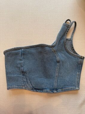 Denim One-Shoulder Crop Top - Blue